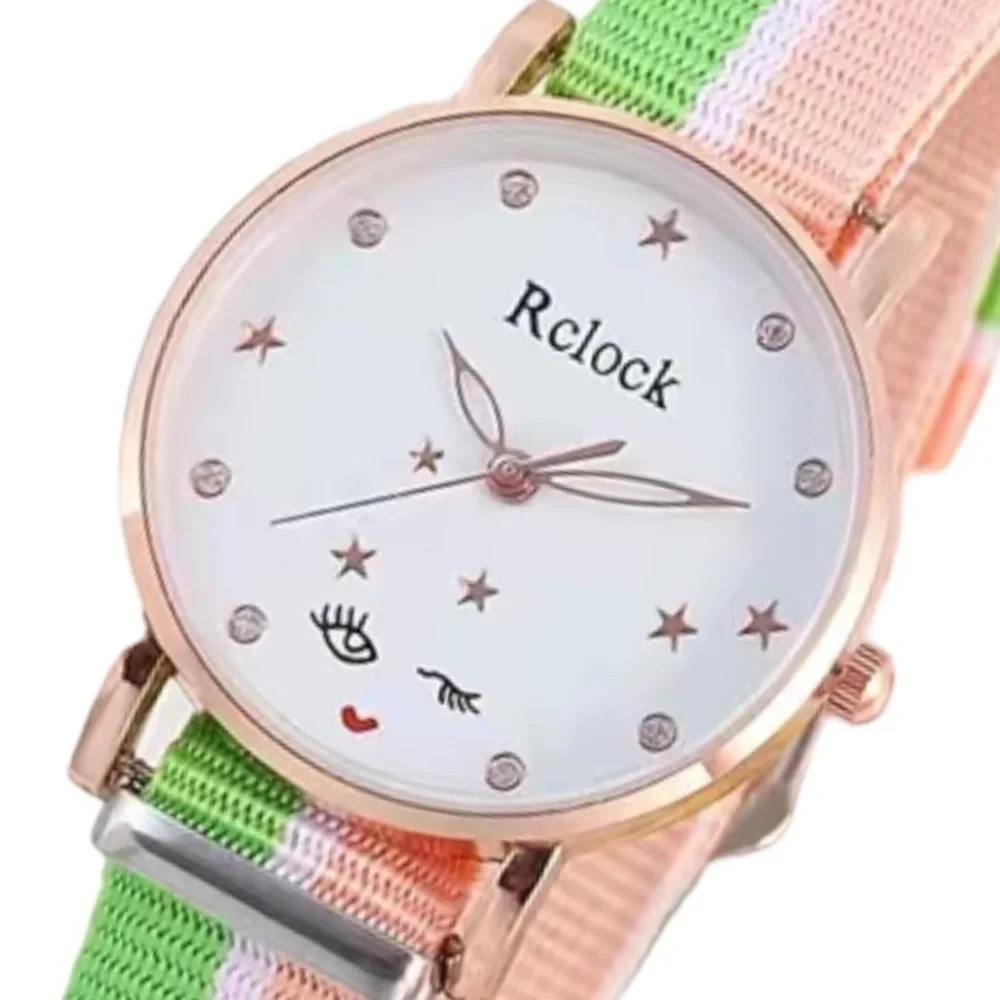Watch Women’s Analog Round  Preppy Stripe Canvas Buckle Band Green Coral